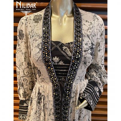 Cream and Black Georgette  Jacket Style Suit