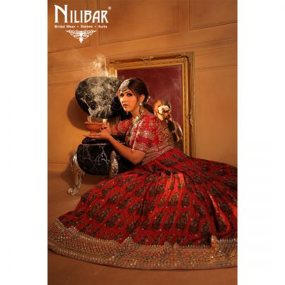 mehroon Silk and Chinon Bridal  Lehenga