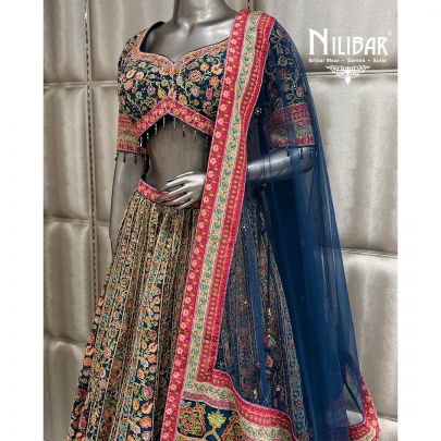 Blue & Red Crepe Lehenga Choli With Dupatta
