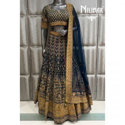 Blue & Mustard Crepe Lehenga Choli With Dupatta