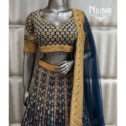 Blue & Mustard Crepe Lehenga Choli With Dupatta