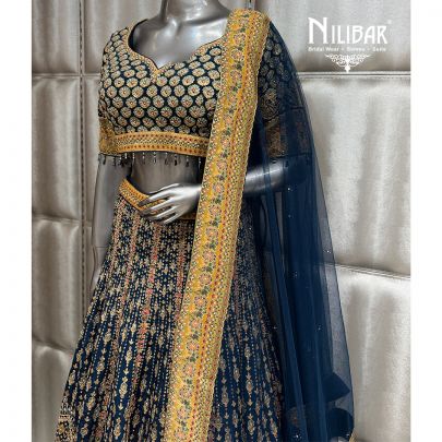 Blue & Mustard Crepe Lehenga Choli With Dupatta