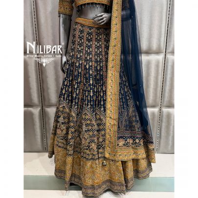 Blue & Mustard Crepe Lehenga Choli With Dupatta