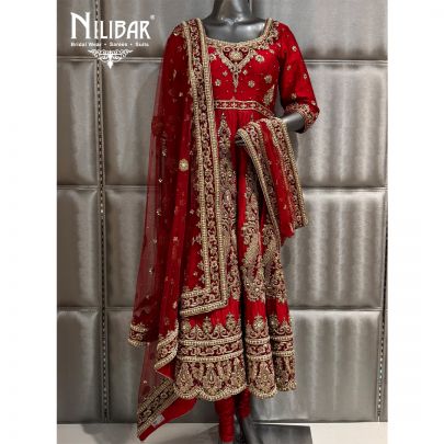 Red Silk Long Length Anarkali Paired With Net Dupatta
