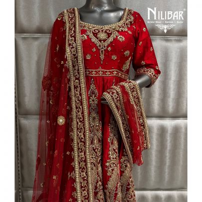 Red Silk Long Length Anarkali Paired With Net Dupatta
