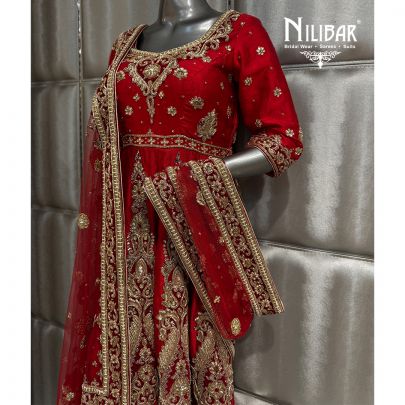Red Silk Long Length Anarkali Paired With Net Dupatta
