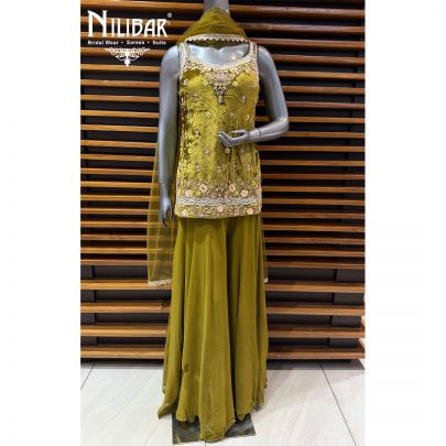 Mehendi Green Velvet Short Shirt Paired With Georgette Palazzo