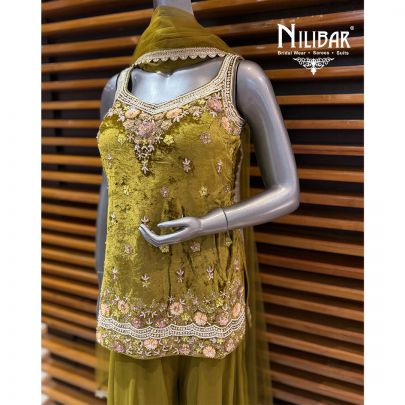 Mehendi Green Velvet Short Shirt Paired With Georgette Palazzo