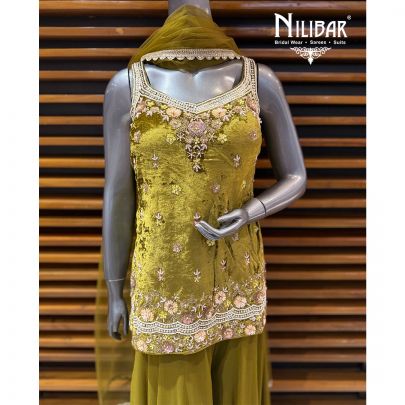 Mehendi Green Velvet Short Shirt Paired With Georgette Palazzo