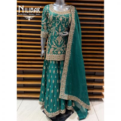 Peacock Green Silk Shirt & Jaffa Paired With Organza Dupatta