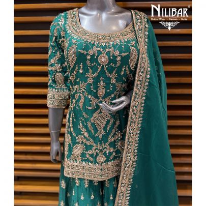 Peacock Green Silk Shirt & Jaffa Paired With Organza Dupatta