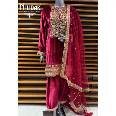 Mehroon Velvet Shirt Paired With Straight Pants & Dupatta