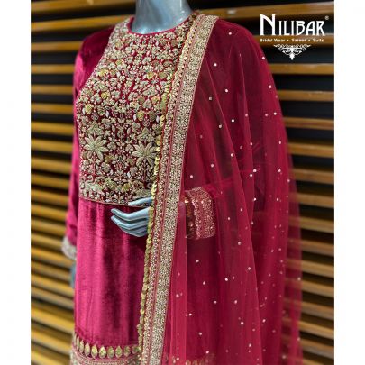 Mehroon Velvet Shirt Paired With Straight Pants & Dupatta