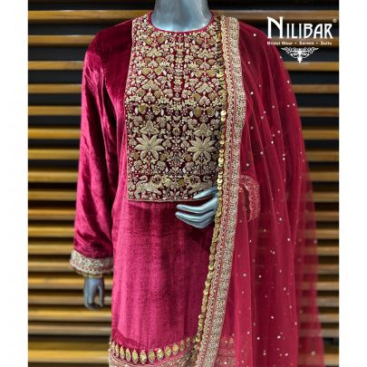 Mehroon Velvet Shirt Paired With Straight Pants & Dupatta
