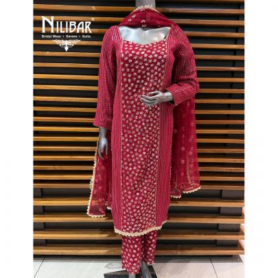 Mehroon Georgette Long Shirt Paired With Pants & Net Dupatta