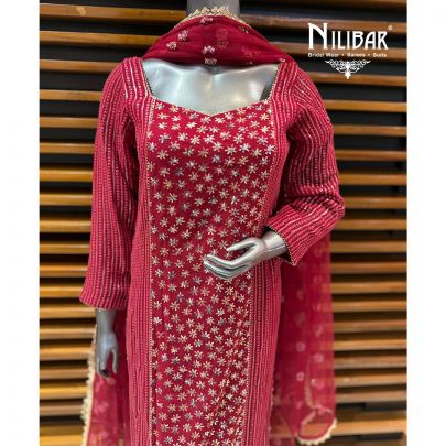 Mehroon Georgette Long Shirt Paired With Pants & Net Dupatta