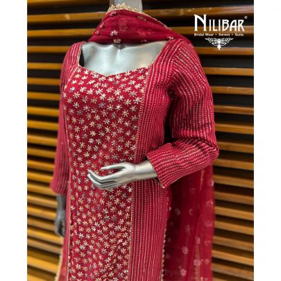 Mehroon Georgette Long Shirt Paired With Pants & Net Dupatta