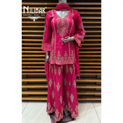 Mehroon Semi Silk Short Shirt Paired With Jaffa & Organza Dupatta