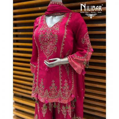 Mehroon Semi Silk Short Shirt Paired With Jaffa & Organza Dupatta