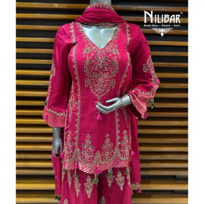 Mehroon Semi Silk Short Shirt Paired With Jaffa & Organza Dupatta