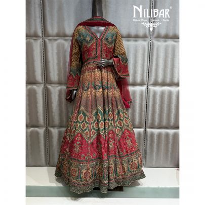Tomato Red & Beige Crepe Anarkali Suit