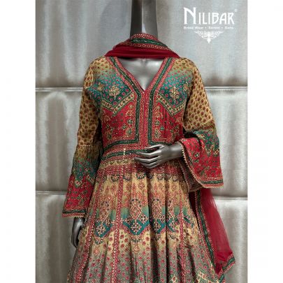 Tomato Red & Beige Crepe Anarkali Suit