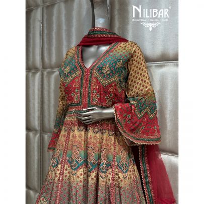 Tomato Red & Beige Crepe Anarkali Suit