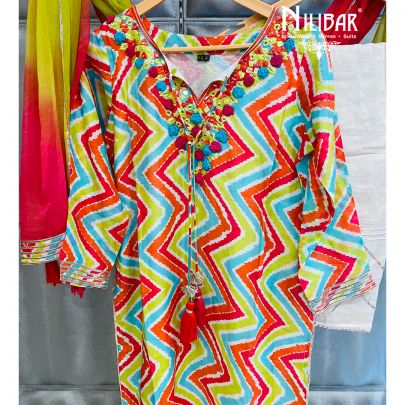 Magenta and Green Cotton Pant Suit