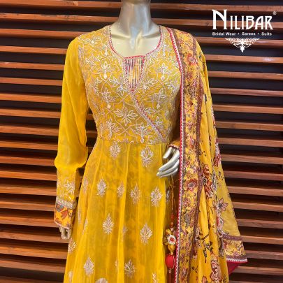 Canary Yellow  Georgette and Silk Anarkali Suit