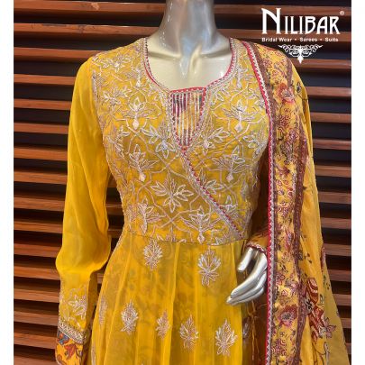 Canary Yellow  Georgette and Silk Anarkali Suit