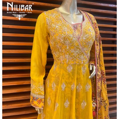 Canary Yellow  Georgette and Silk Anarkali Suit