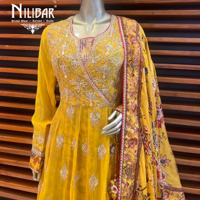Canary Yellow  Georgette and Silk Anarkali Suit