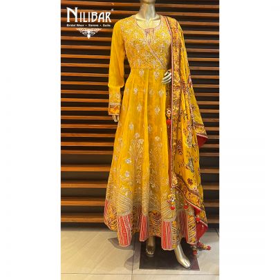 Canary Yellow  Georgette and Silk Anarkali Suit