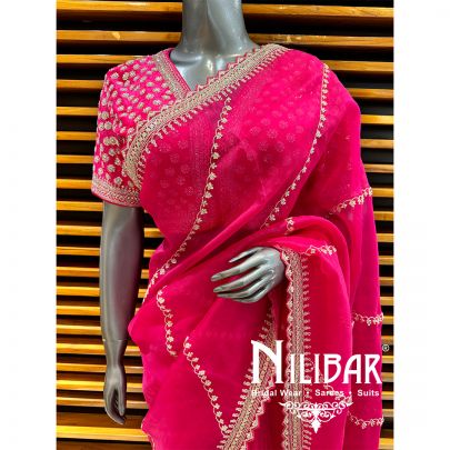 Hot Pink Organza Embroidered Saree