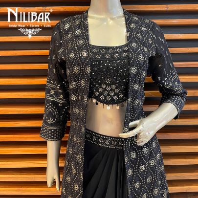 Black Georgette Indo Western Jacket and Skirt Set