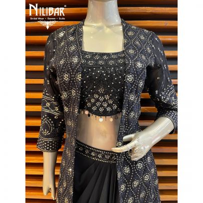 Black Georgette Indo Western Jacket and Skirt Set