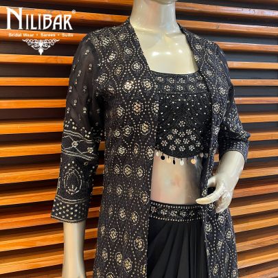 Black Georgette Indo Western Jacket and Skirt Set