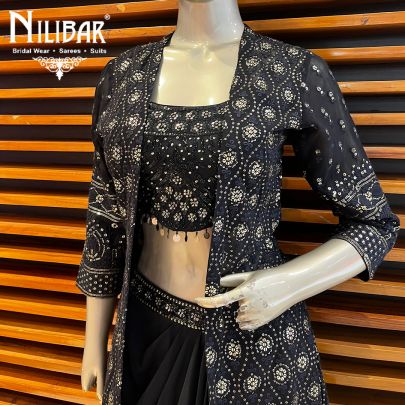 Black Georgette Indo Western Jacket and Skirt Set
