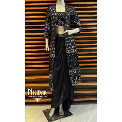 Black Georgette Indo Western Jacket and Skirt Set