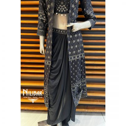 Black Georgette Indo Western Jacket and Skirt Set