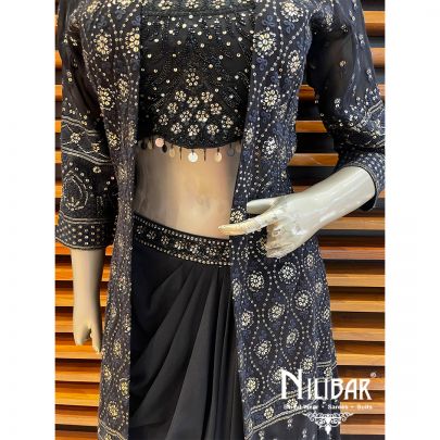 Black Georgette Indo Western Jacket and Skirt Set