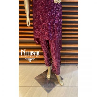 Wine Georgette and net Pant Suit