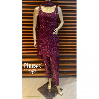 Wine Georgette and net Pant Suit