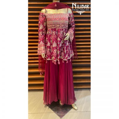 Jazzberry Jam Pink Georgette and net Palazzo Suit
