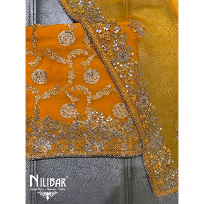 Fire Yellow Organza Unstitched Suit
