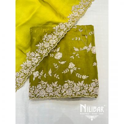Olive Green Organza Unstitched Suit