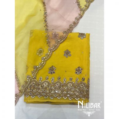 Yellow and Pink Organza Unstitched Suit