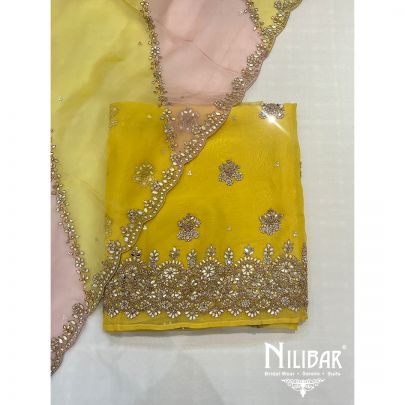Yellow and Pink Organza Unstitched Suit