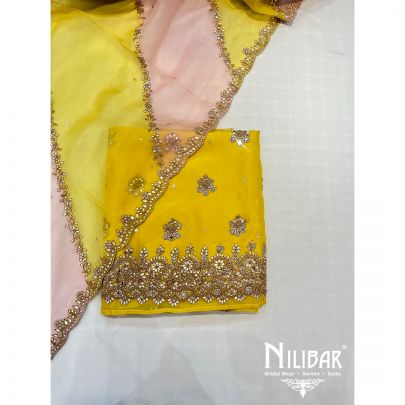 Yellow and Pink Organza Unstitched Suit