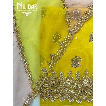 Yellow and Pink Organza Unstitched Suit